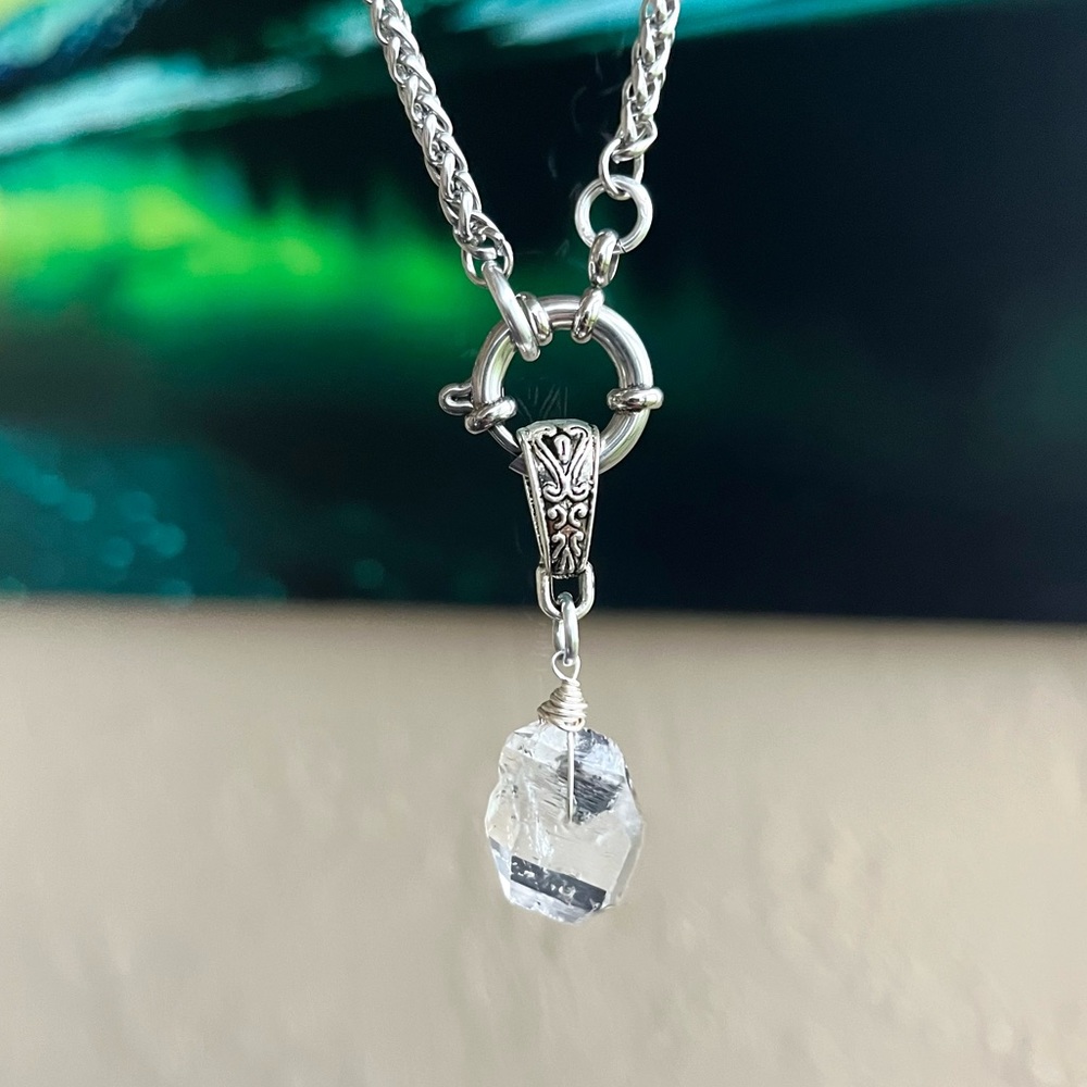Genuine big herkimer diamond stainless steel wheat chain clasp in front necklace - Picture 11 of 15